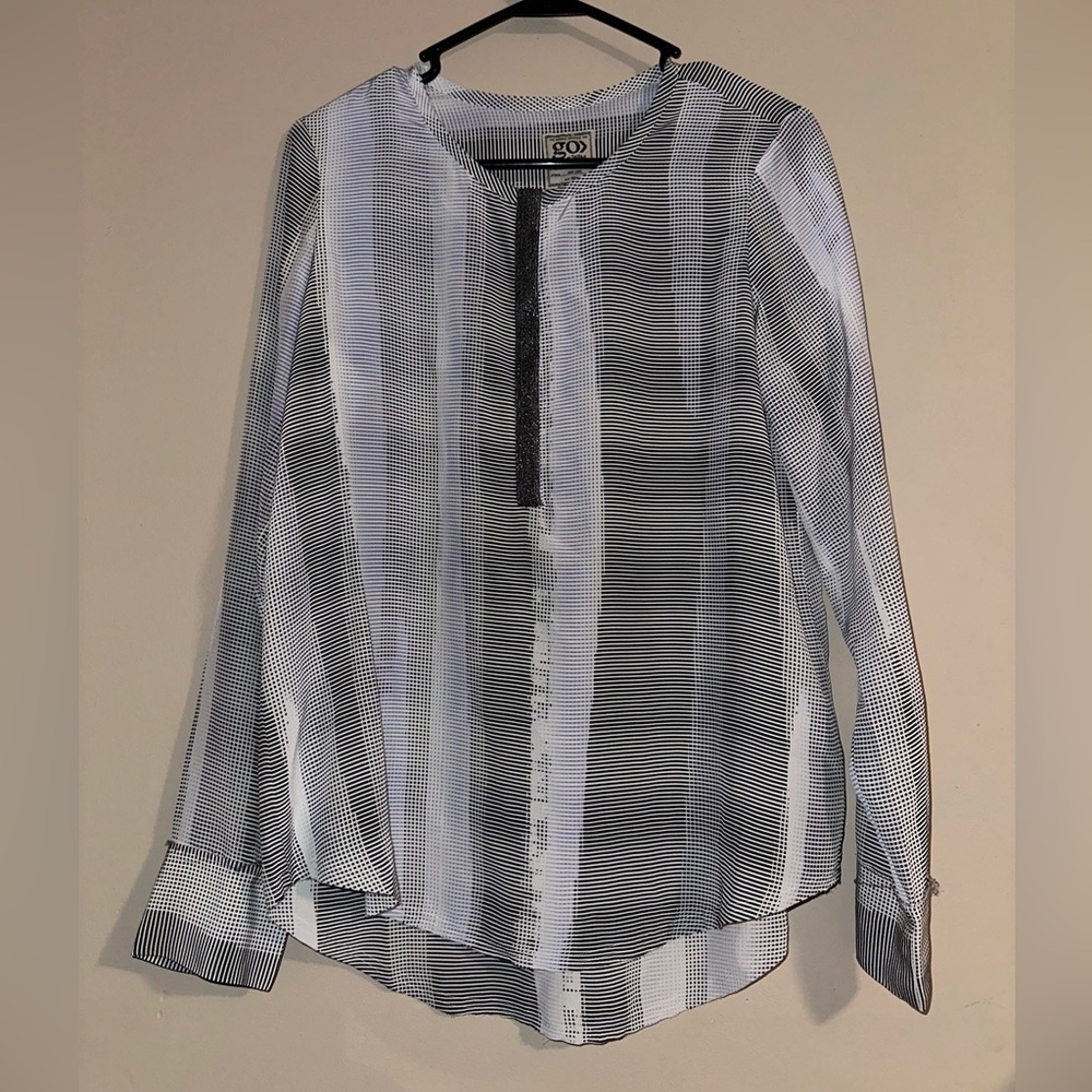 Go by Go Silk 100% Silk Striped Blouse S Black White Blue Metallic Detail